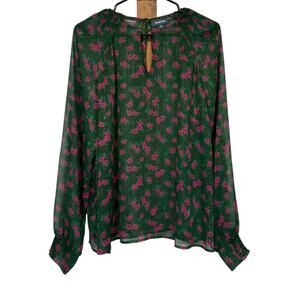 ModCloth Green & Pink Floral‎ Metallic Sheer Long Sleeve Blouse Size M